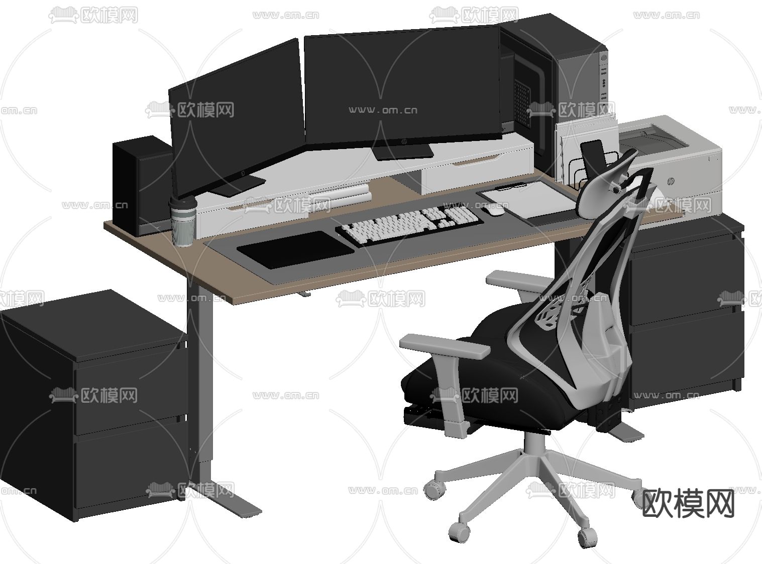 现代工作台 办公桌椅su模型下载（渲染图1）