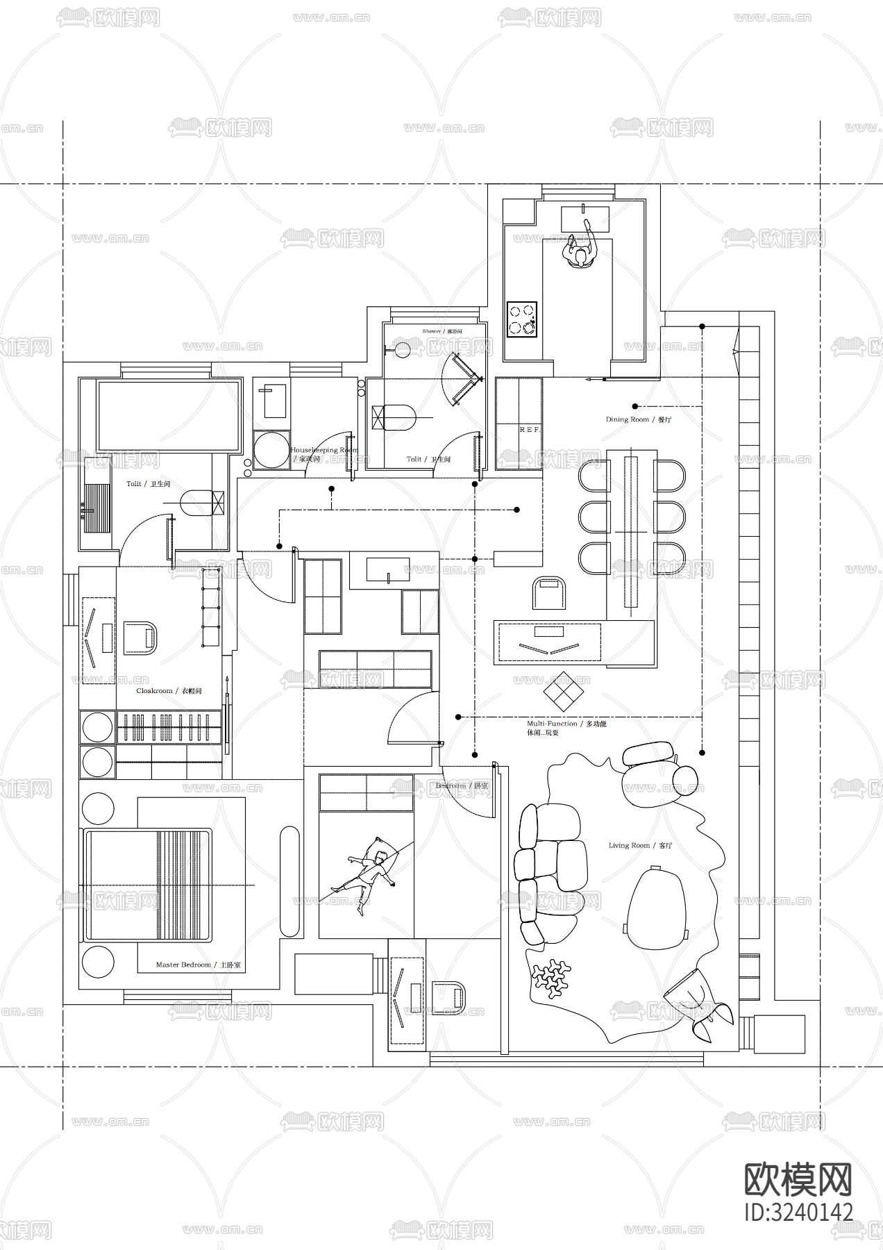 117平米户型布局cad图库下载（渲染图1）