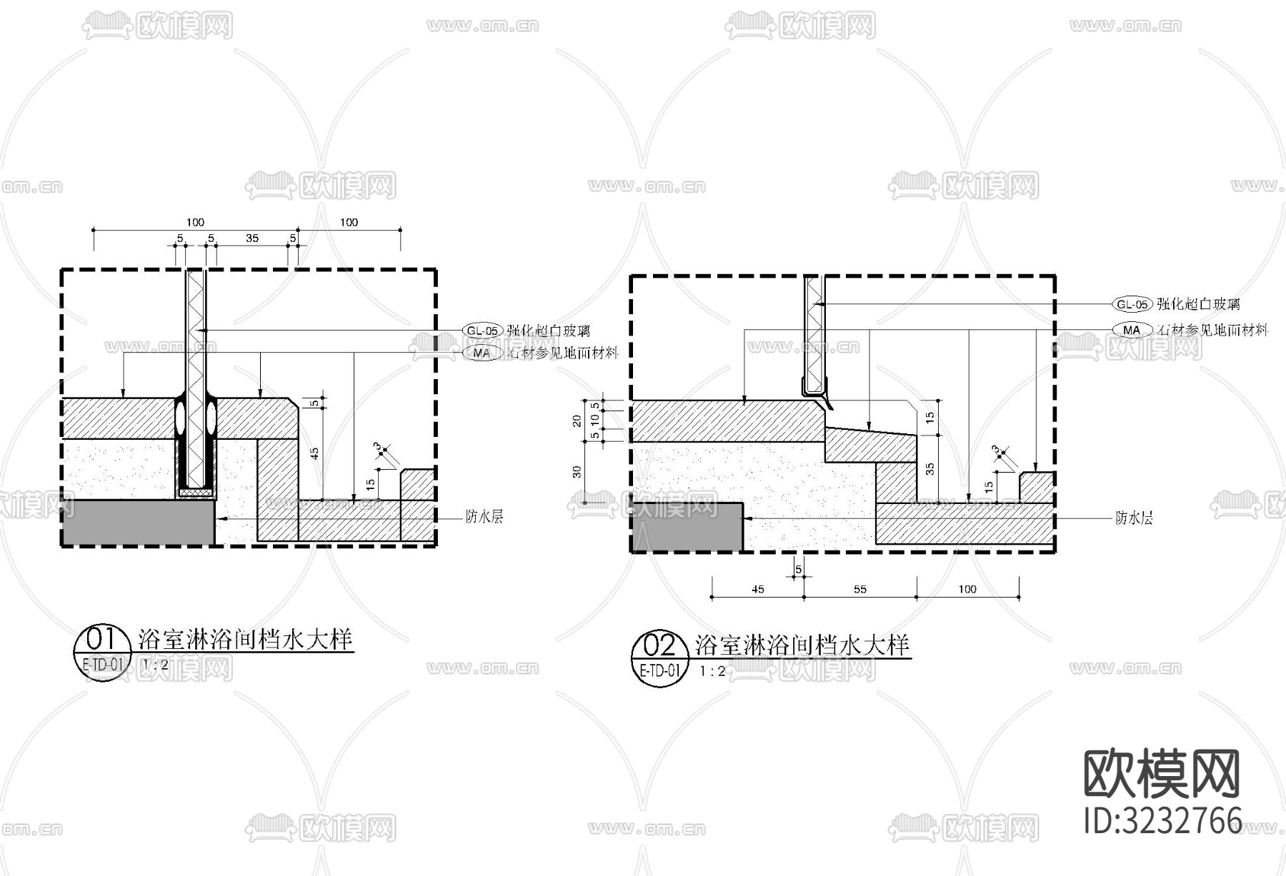 淋浴间玻璃隔断 排水地漏cad大样图下载（渲染图2）