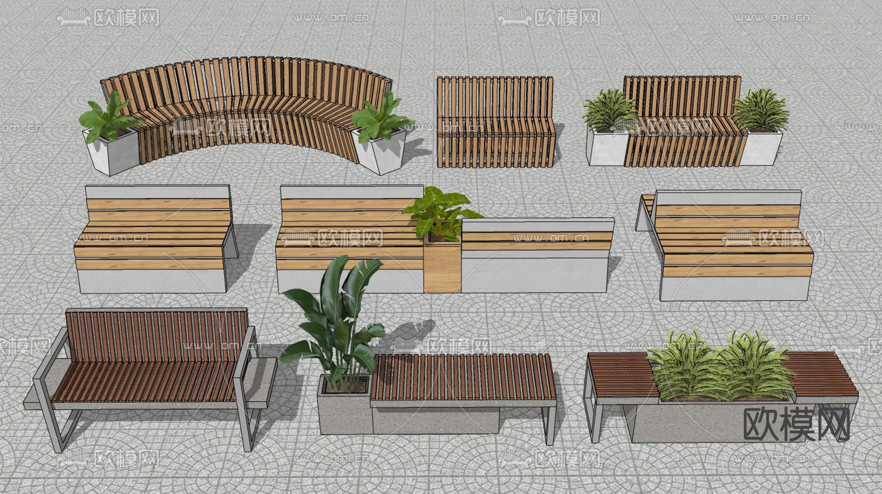 景观座椅 公园座椅 户外座椅su模型下载（渲染图1）