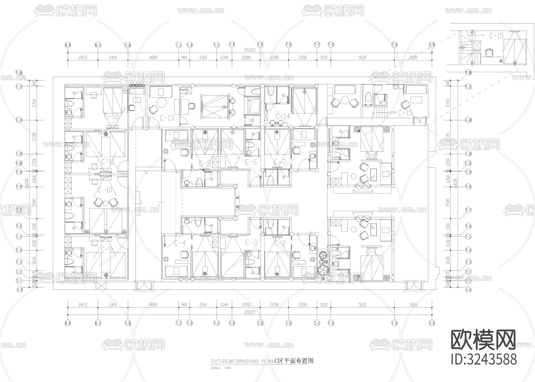 2100㎡高端民宿酒店cad平面图下载（渲染图3）