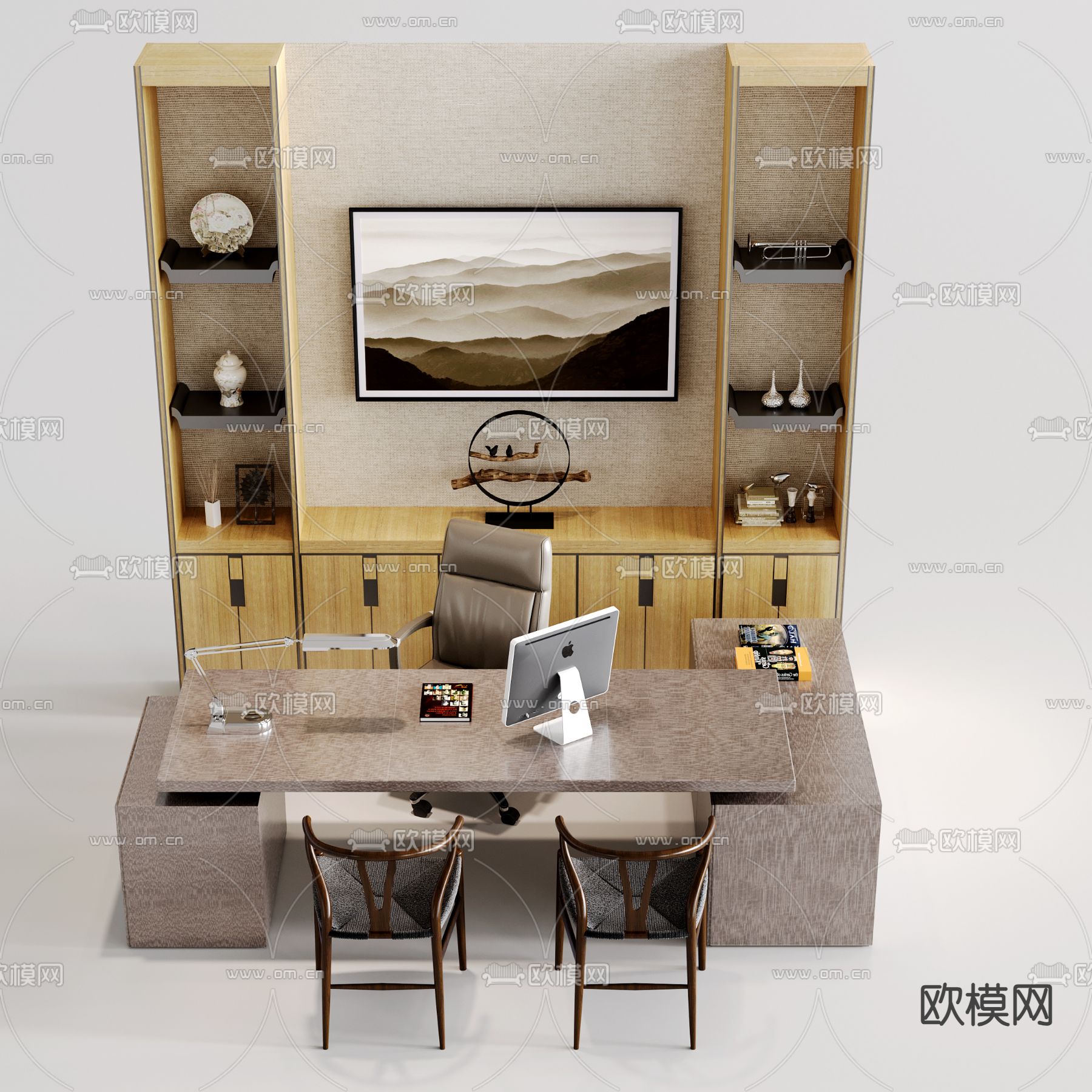 新中式办公桌椅su模型下载（渲染图2）