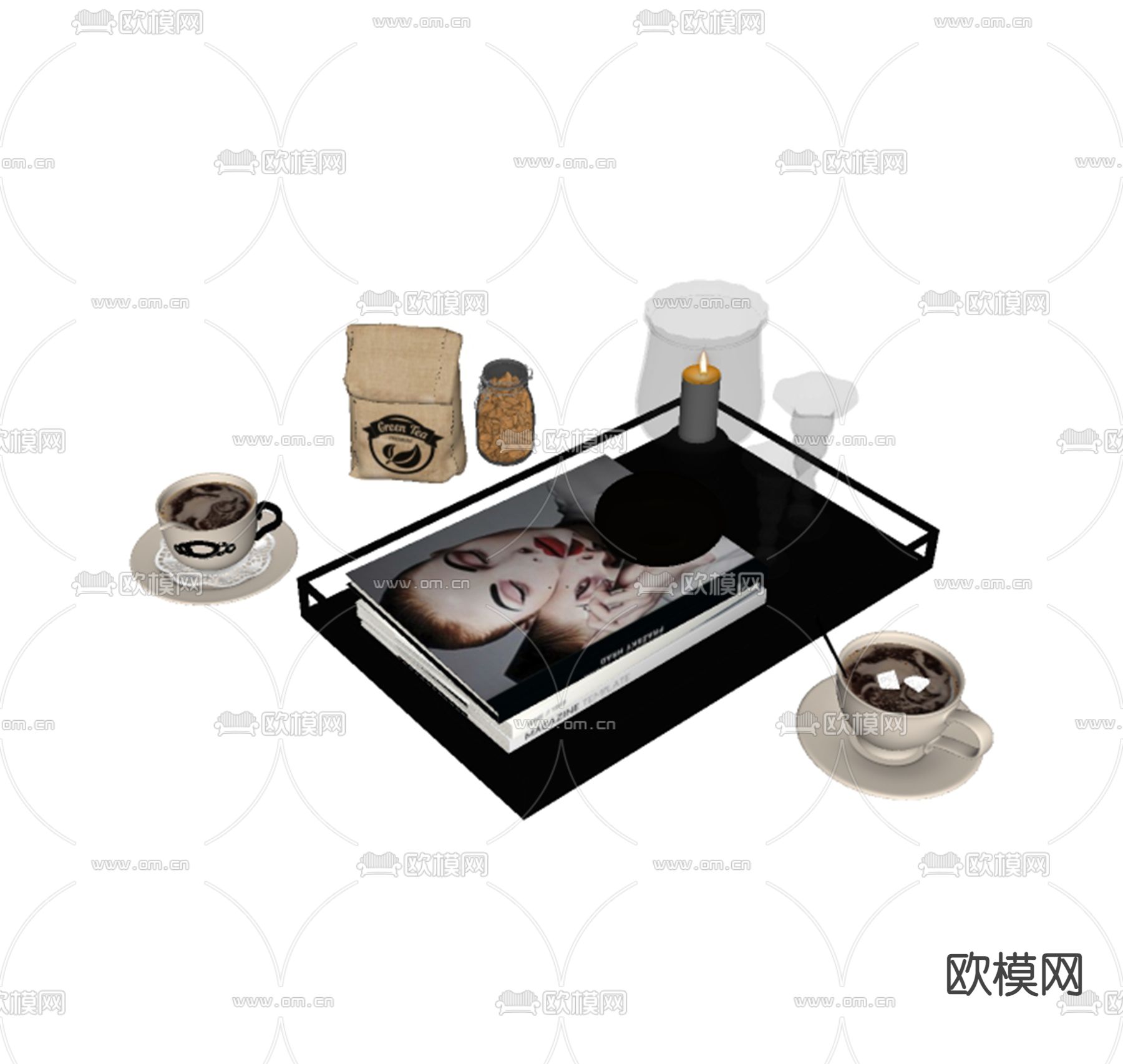 拉花咖啡 咖啡杯 托盘 咖啡豆su模型下载（渲染图2）