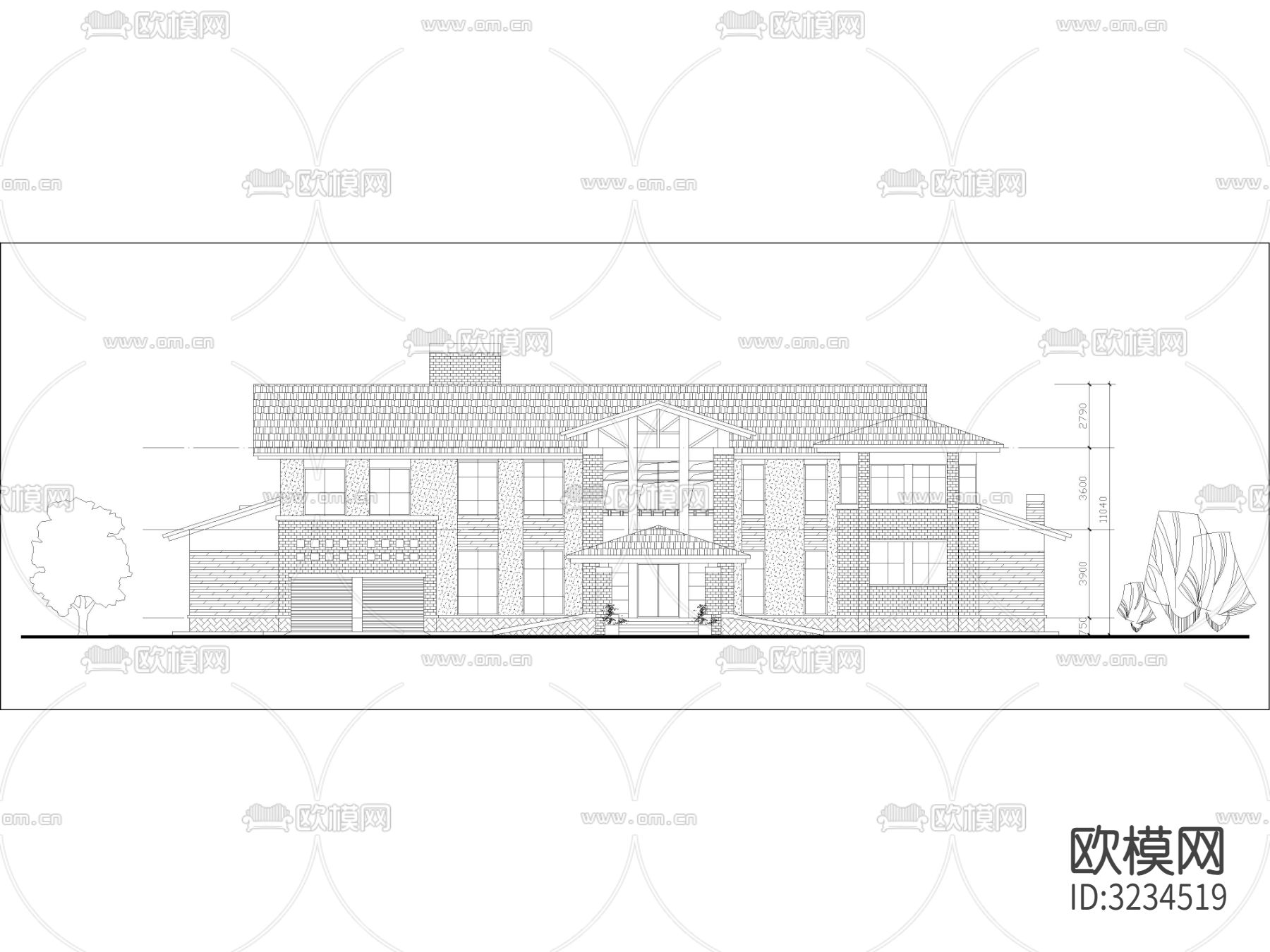农村自建房 独栋别墅cad立面图下载（渲染图1）