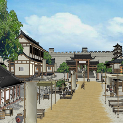  古风城镇 古镇su模型 