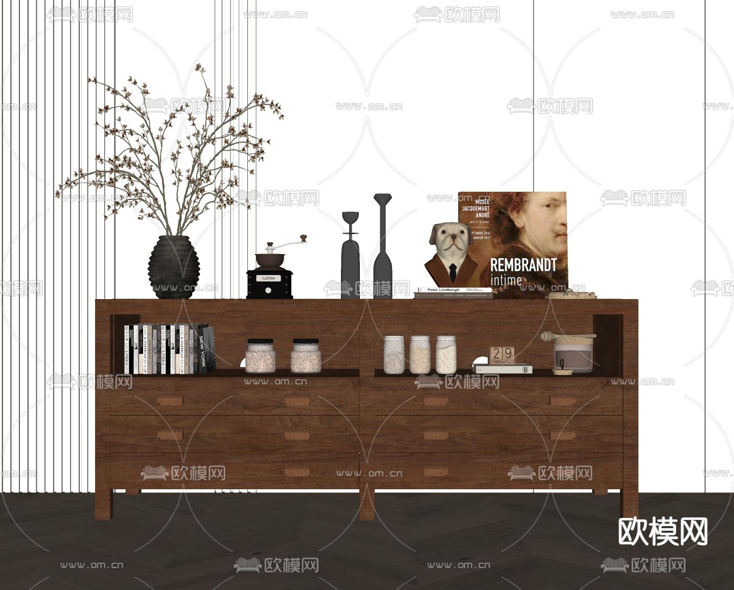 中古风玄关柜su模型下载（渲染图1）