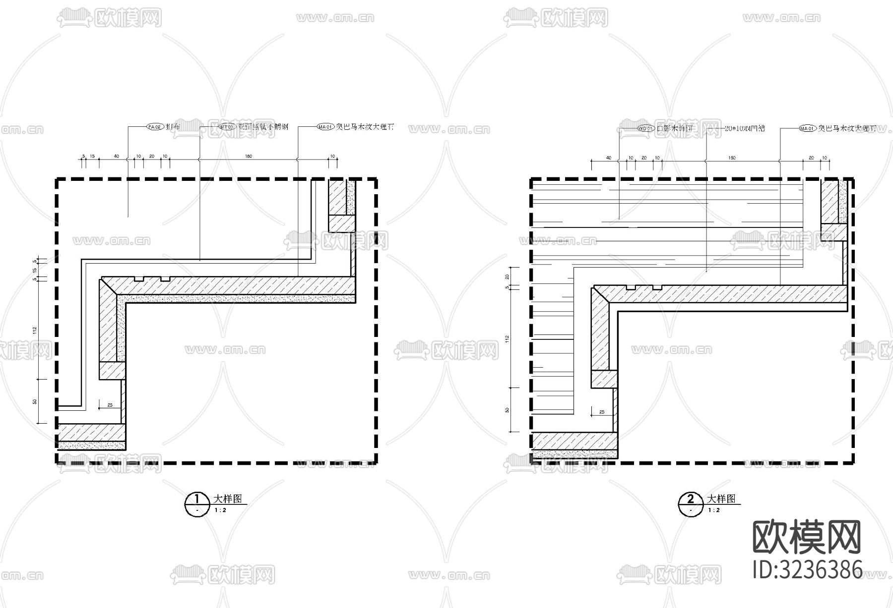 楼梯间墙面 石材梯步 栏杆扶手cad大样图下载（渲染图3）
