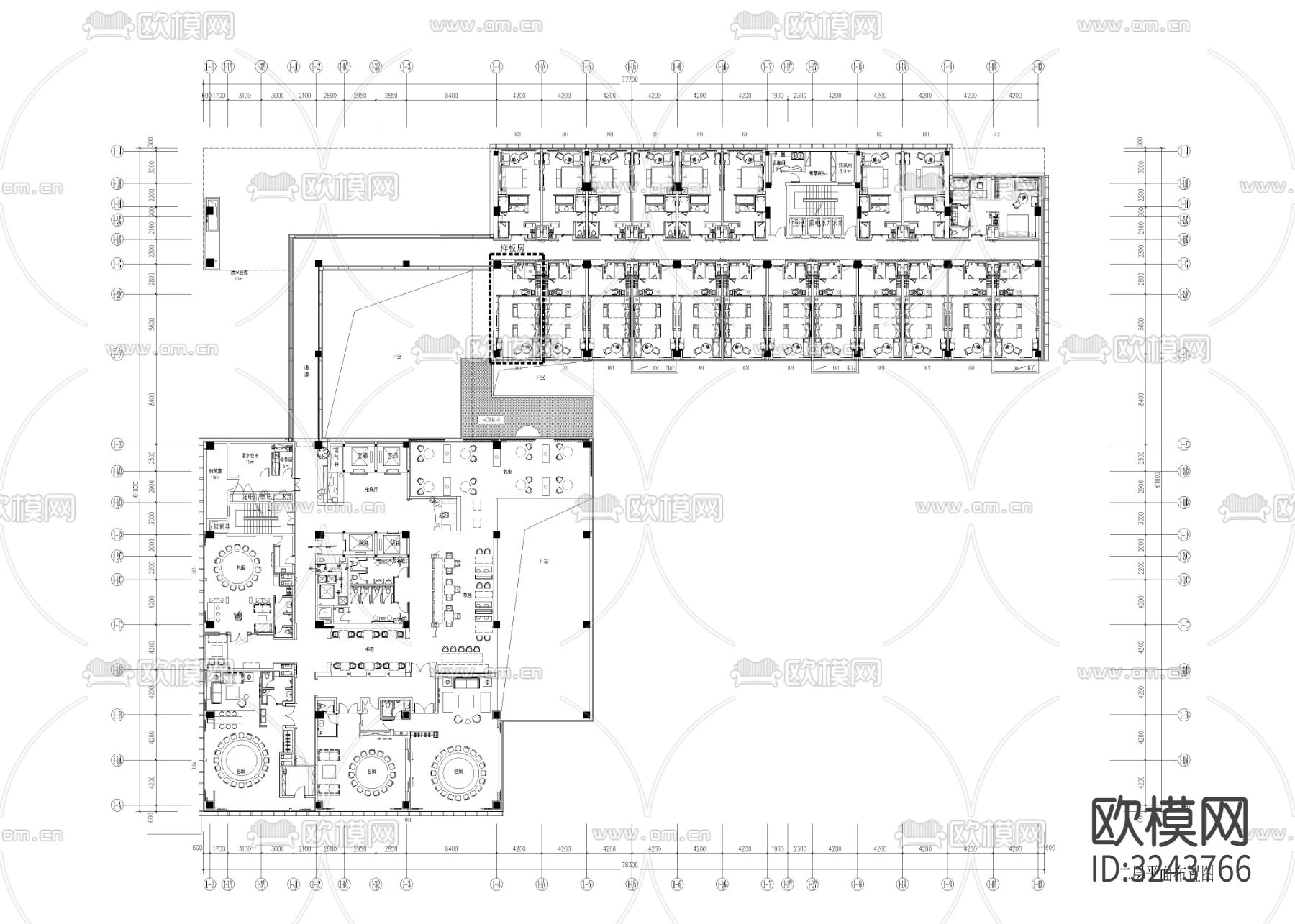 19500㎡高端民宿酒店cad平面图下载（渲染图3）