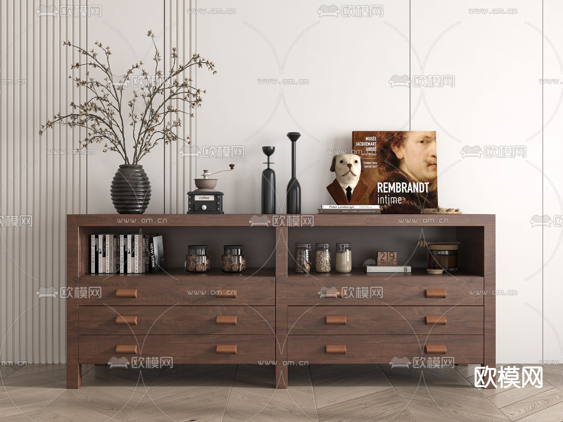 中古风玄关柜su模型下载（渲染图2）