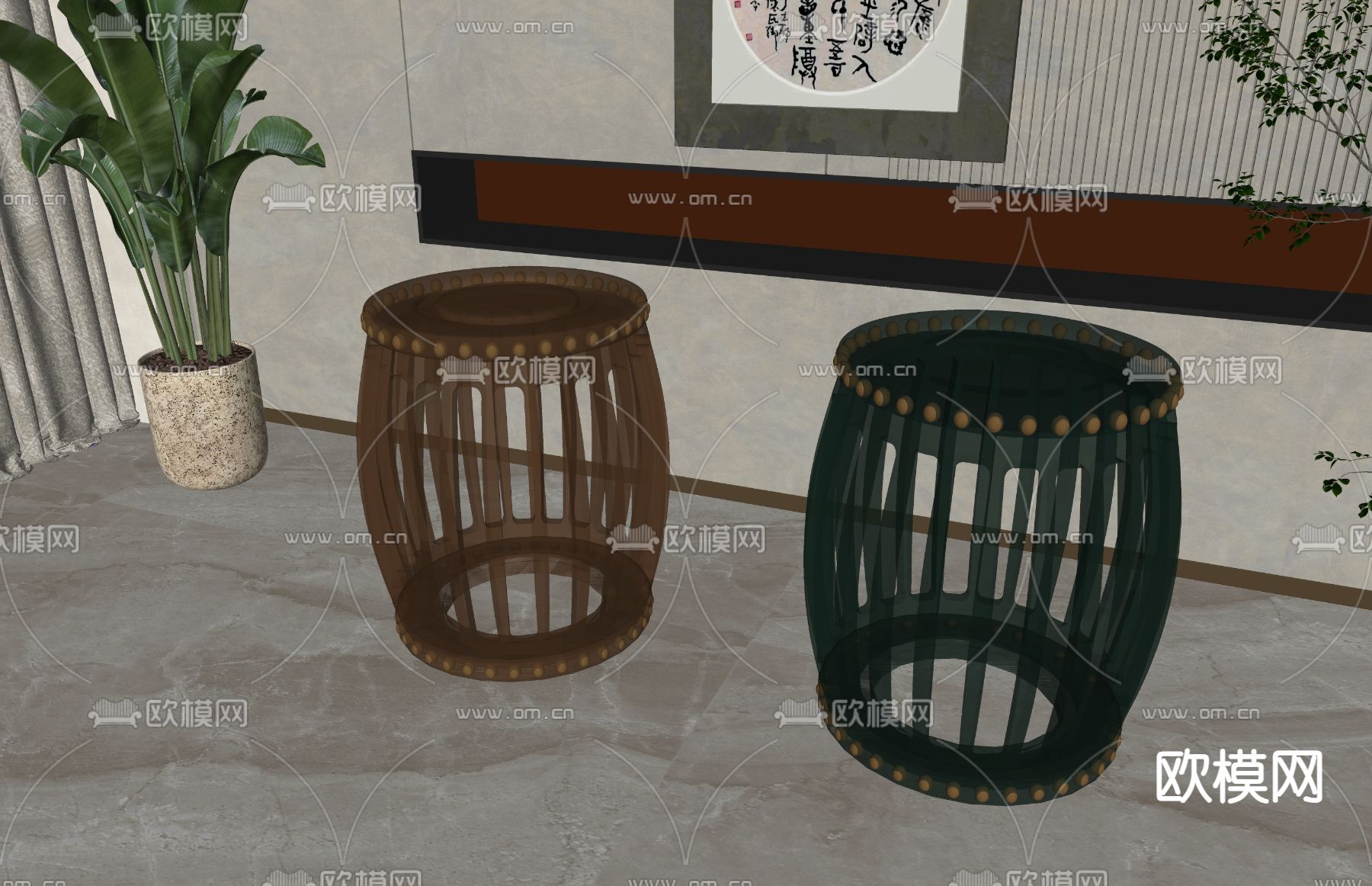 新中式凳子 亚克力圆凳su模型下载（渲染图2）