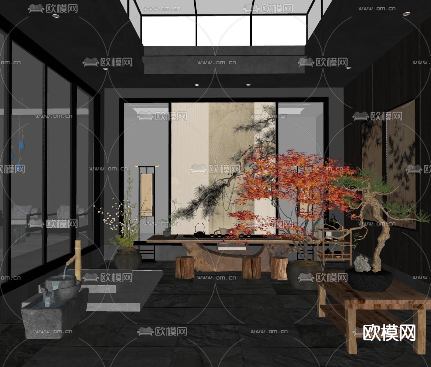 新中式天井庭院景观su模型下载（渲染图1）