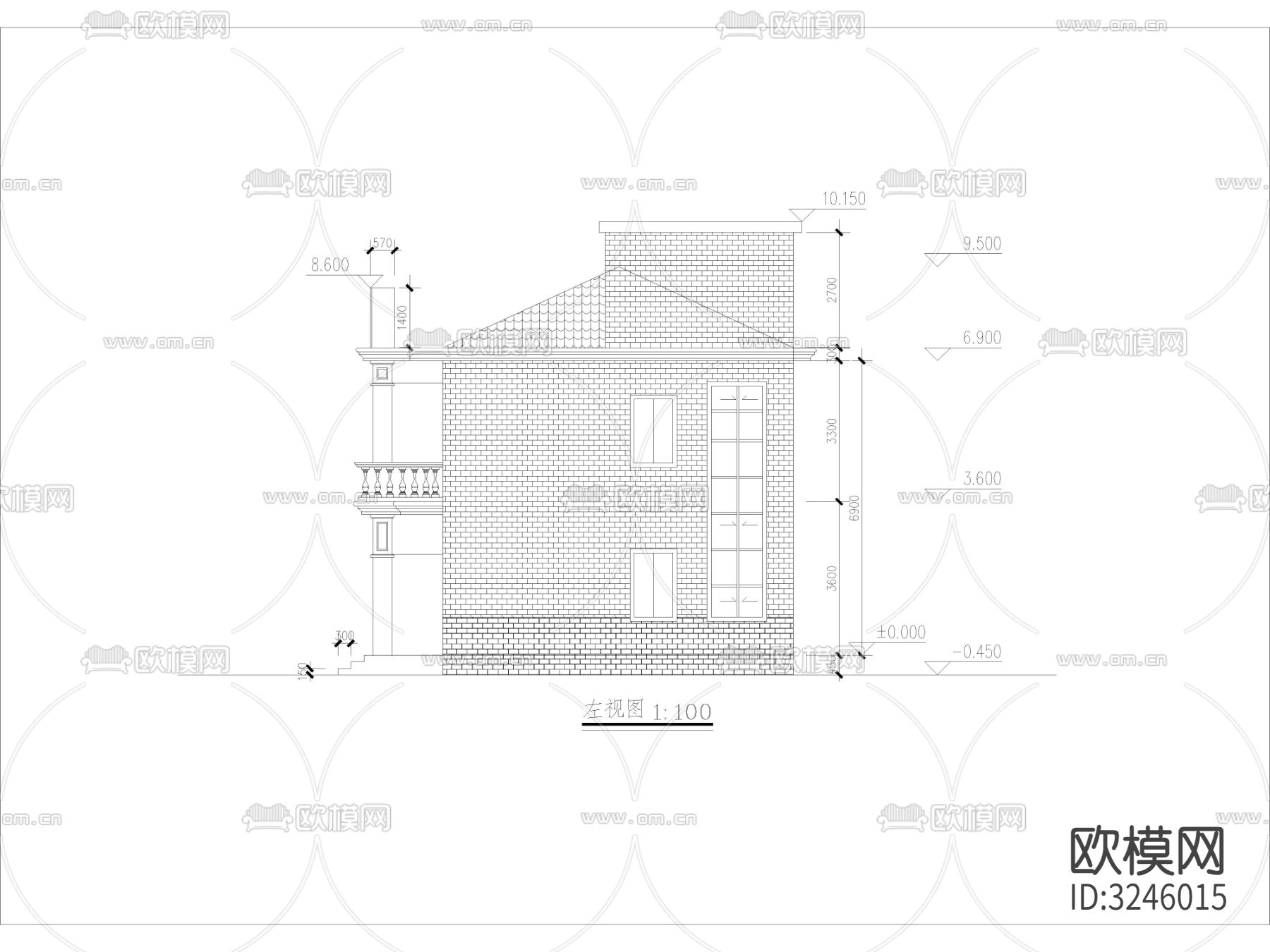 农村自建房 独栋别墅cad立面图下载（渲染图2）