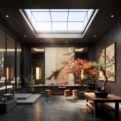  新中式天井庭院景观su模型 