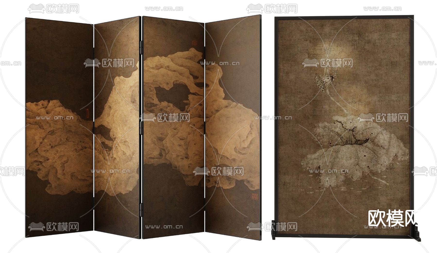 新中式壁画屏风3d模型下载