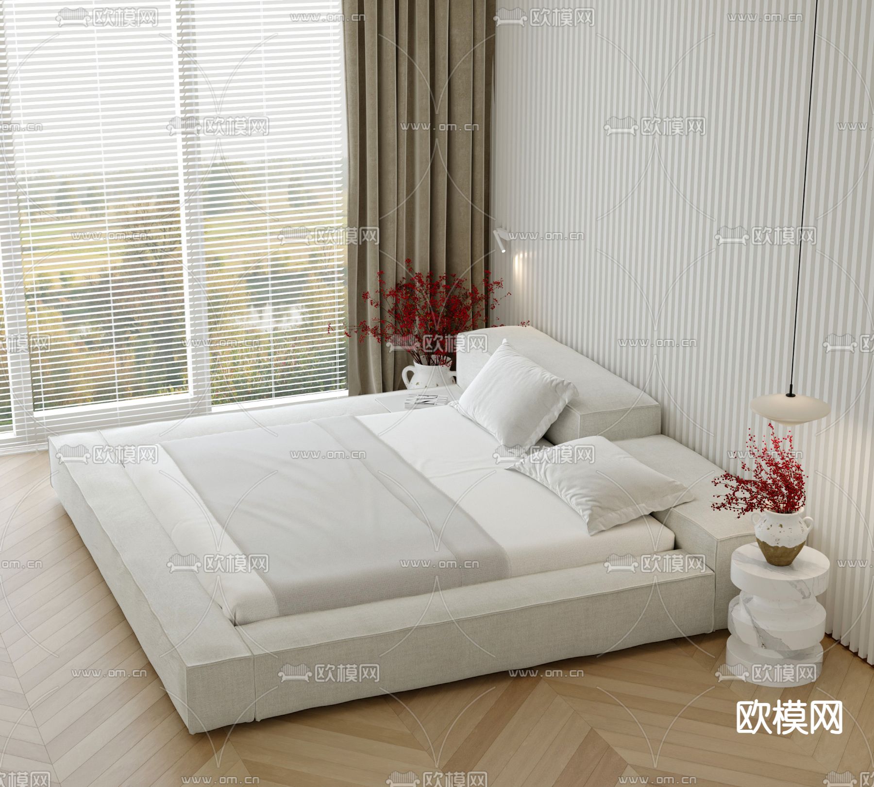 日式双人床su模型下载（渲染图2）