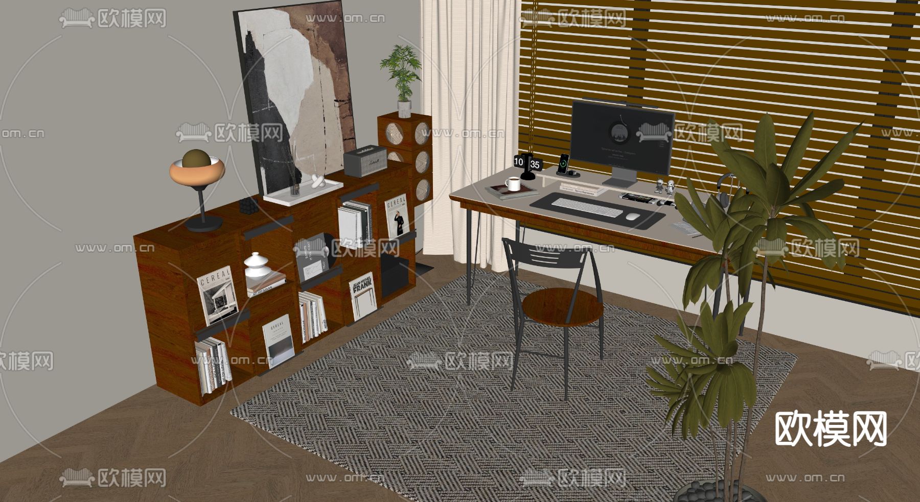 中古风书桌椅su模型下载（渲染图1）