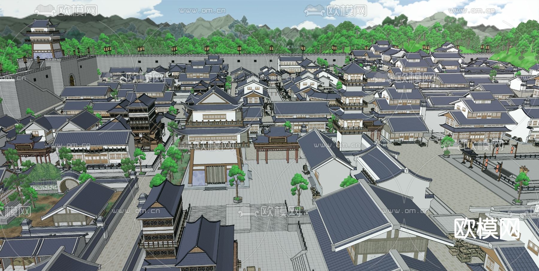 古代城墙城郭城市 古镇鸟瞰su模型下载（渲染图1）