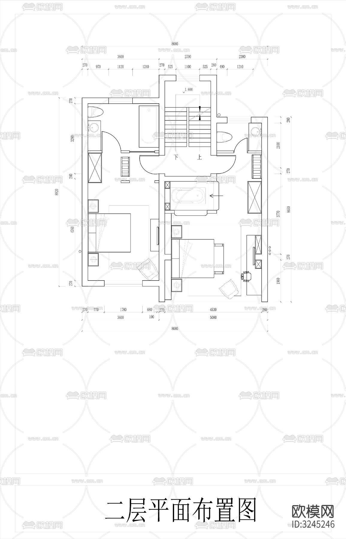 独栋别墅cad平面图下载（渲染图3）