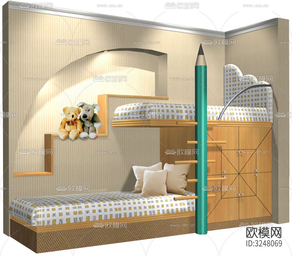 儿童房书桌、衣柜、双层床、单人床全屋定制CAD图库下载（渲染图5）