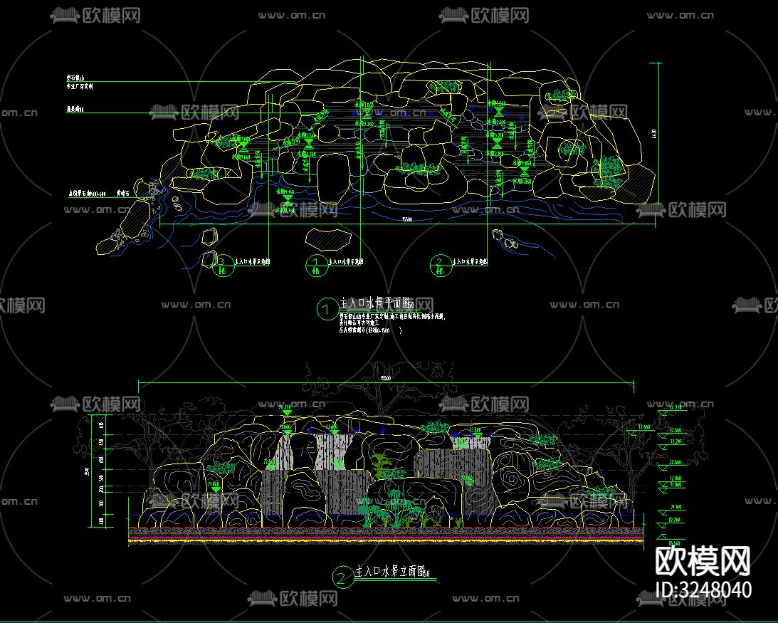 假山跌水、景观置石CAD图库下载（渲染图3）