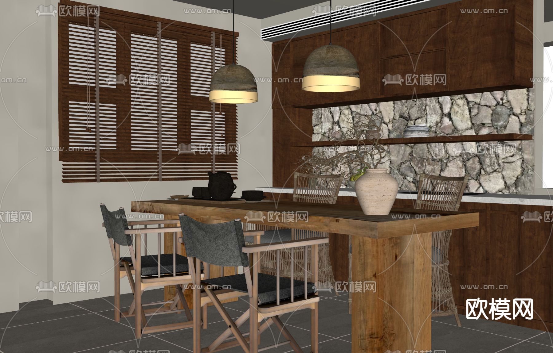 侘寂风民宿餐厅su模型下载（渲染图1）