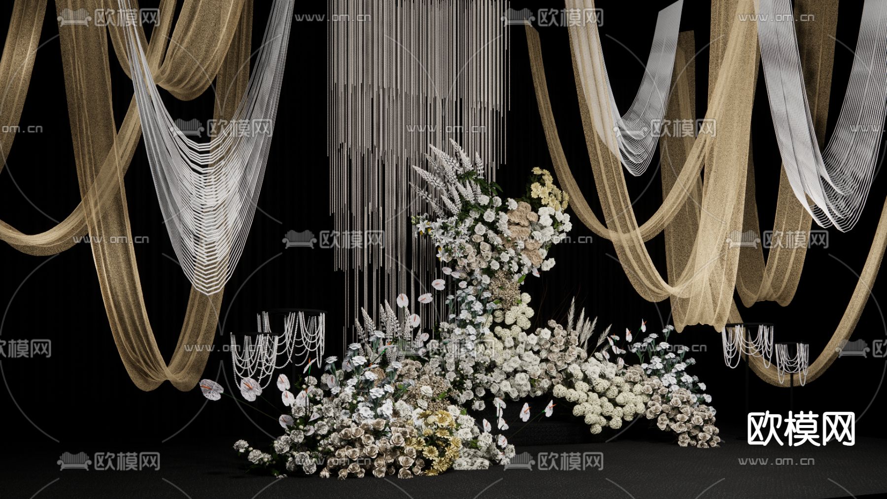 香槟色布幔纱 珍珠串 婚礼美陈su模型下载（渲染图4）
