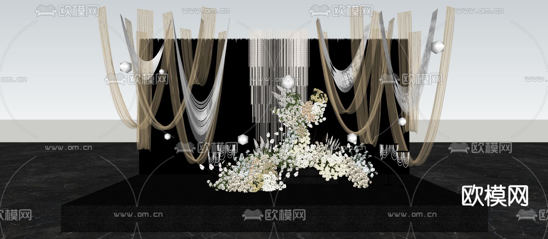 香槟色布幔纱 珍珠串 婚礼美陈su模型下载（渲染图2）