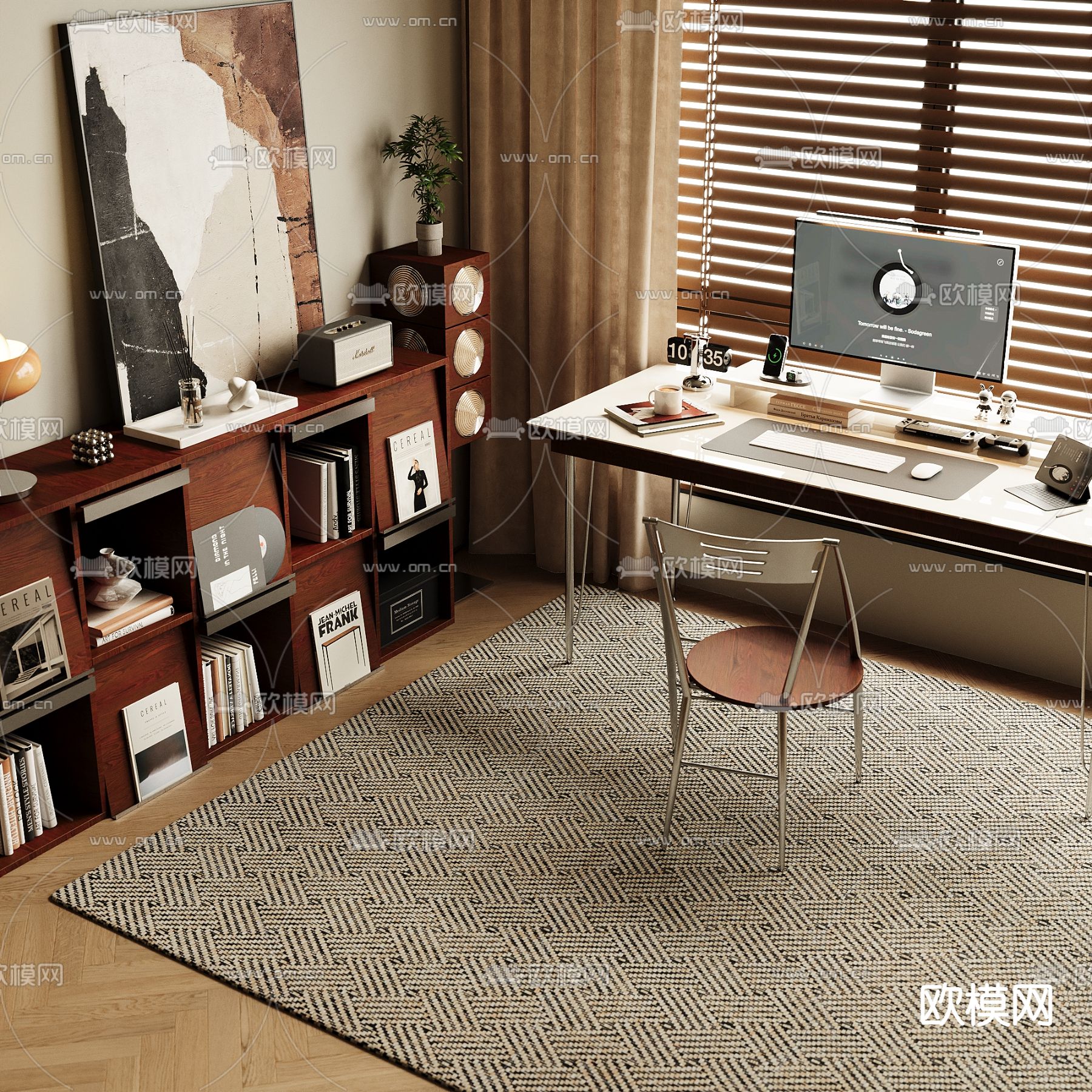 中古风书桌椅su模型下载（渲染图3）