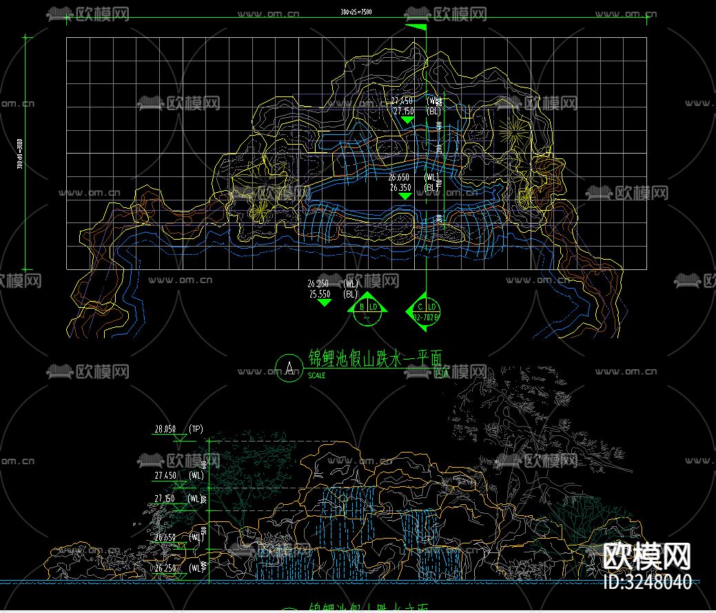 假山跌水、景观置石CAD图库下载（渲染图5）