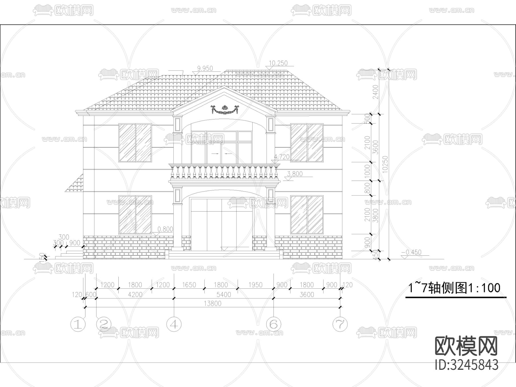 农村自建房 独栋别墅cad立面图下载（渲染图1）