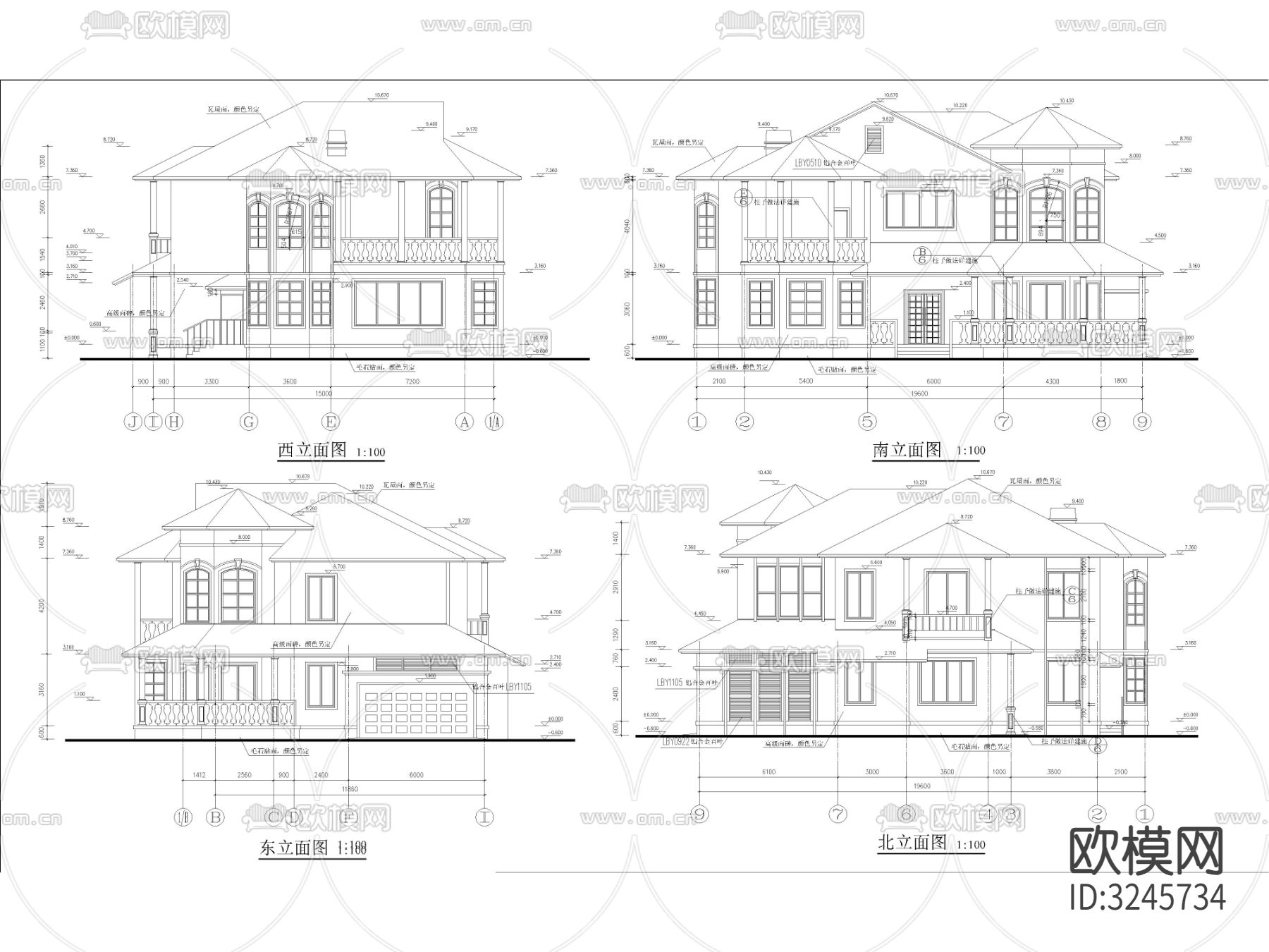 农村自建房 独栋别墅cad立面图下载（渲染图1）