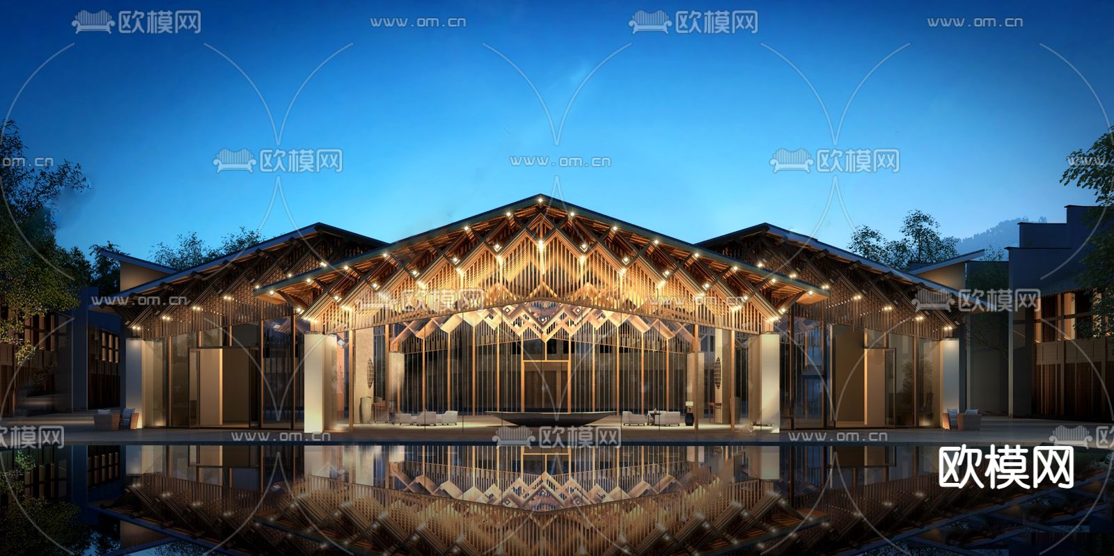 中式酒店民宿su模型下载（渲染图1）