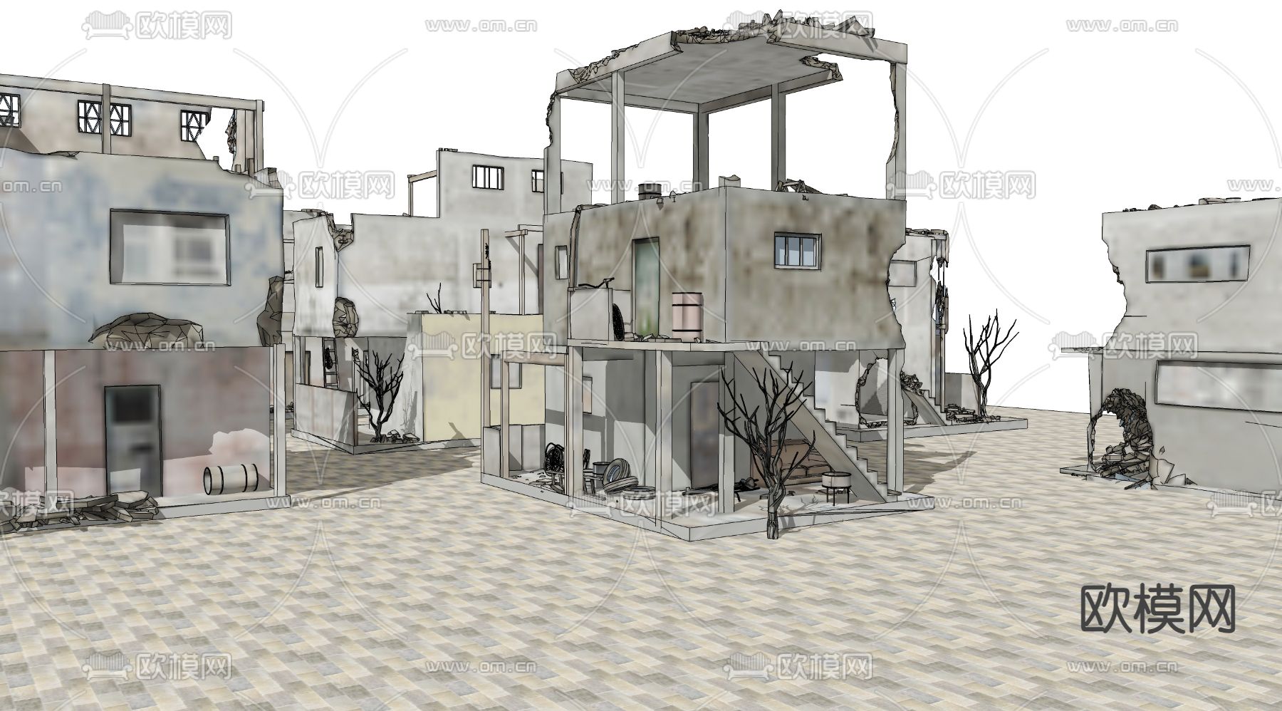 建筑废墟 工业风遗址 战后废墟su模型下载（渲染图1）