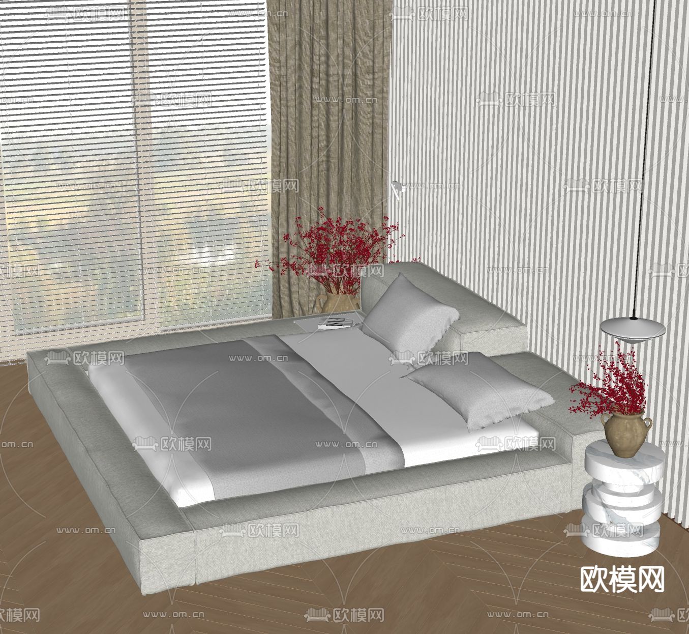 日式双人床su模型下载（渲染图1）