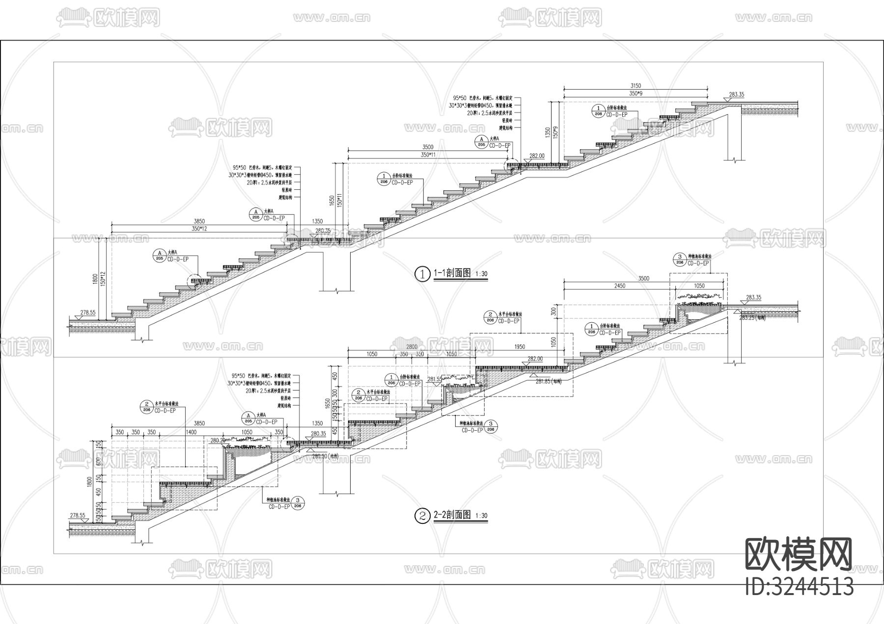 架空步道cad立面图下载（渲染图3）