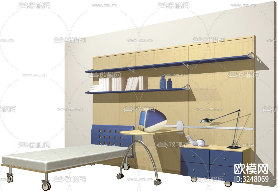 儿童房书桌、衣柜、双层床、单人床全屋定制CAD图库下载（渲染图2）