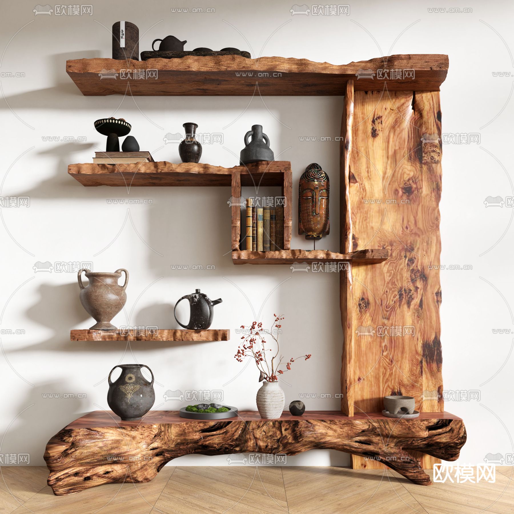 侘寂风壁柜 装饰架su模型下载（渲染图2）