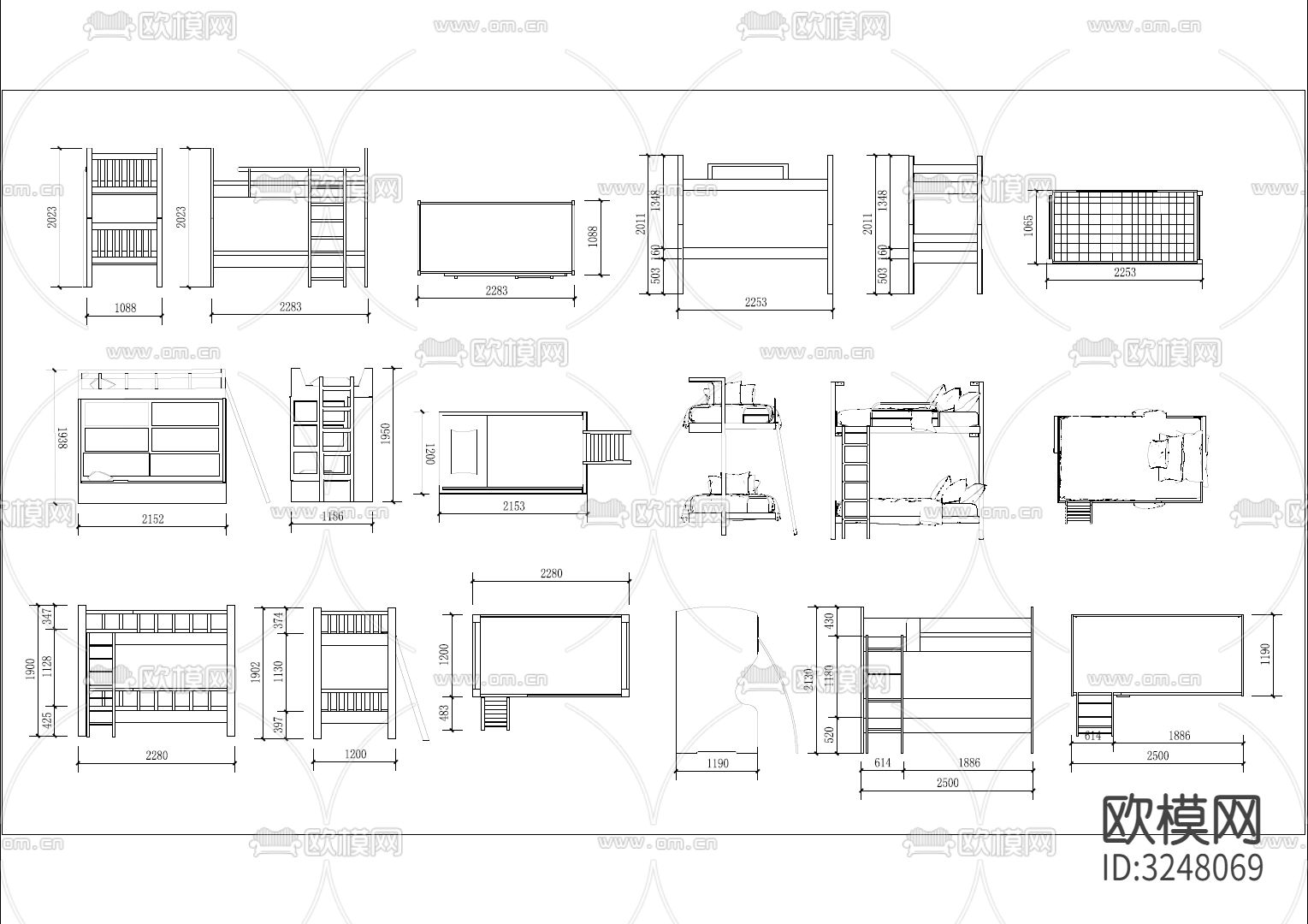 儿童房书桌、衣柜、双层床、单人床全屋定制CAD图库下载（渲染图6）