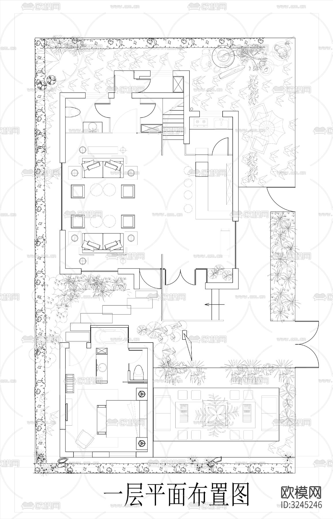 独栋别墅cad平面图下载（渲染图2）