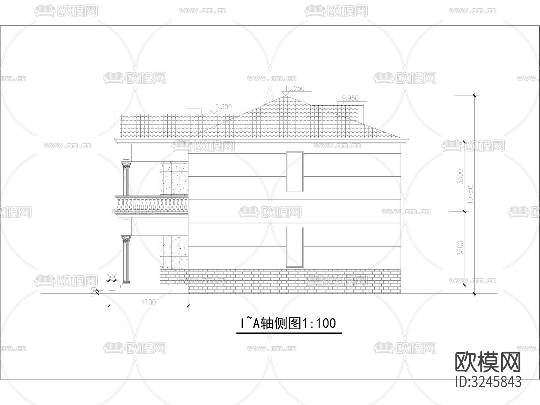 农村自建房 独栋别墅cad立面图下载（渲染图3）