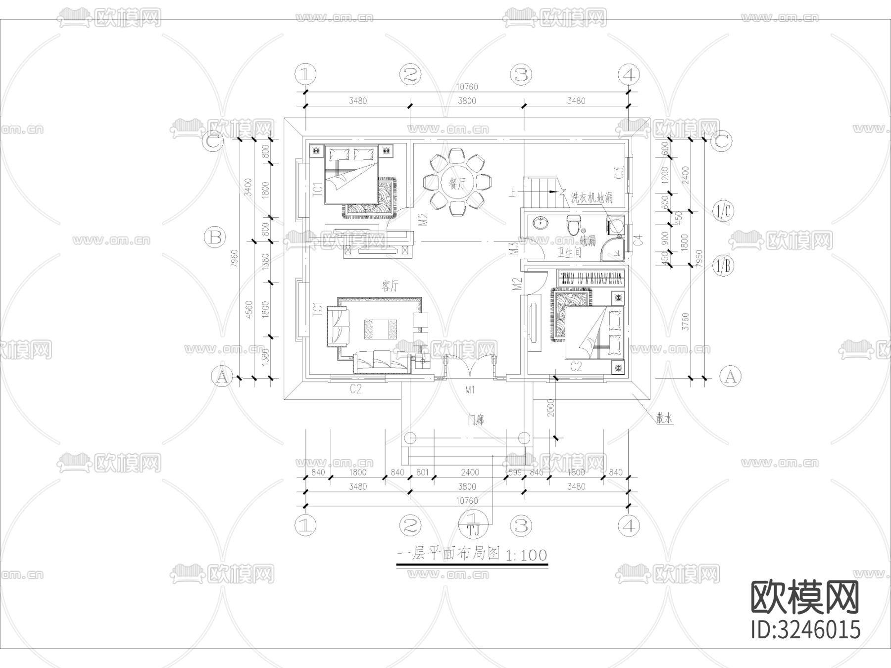 农村自建房 独栋别墅cad立面图下载（渲染图3）