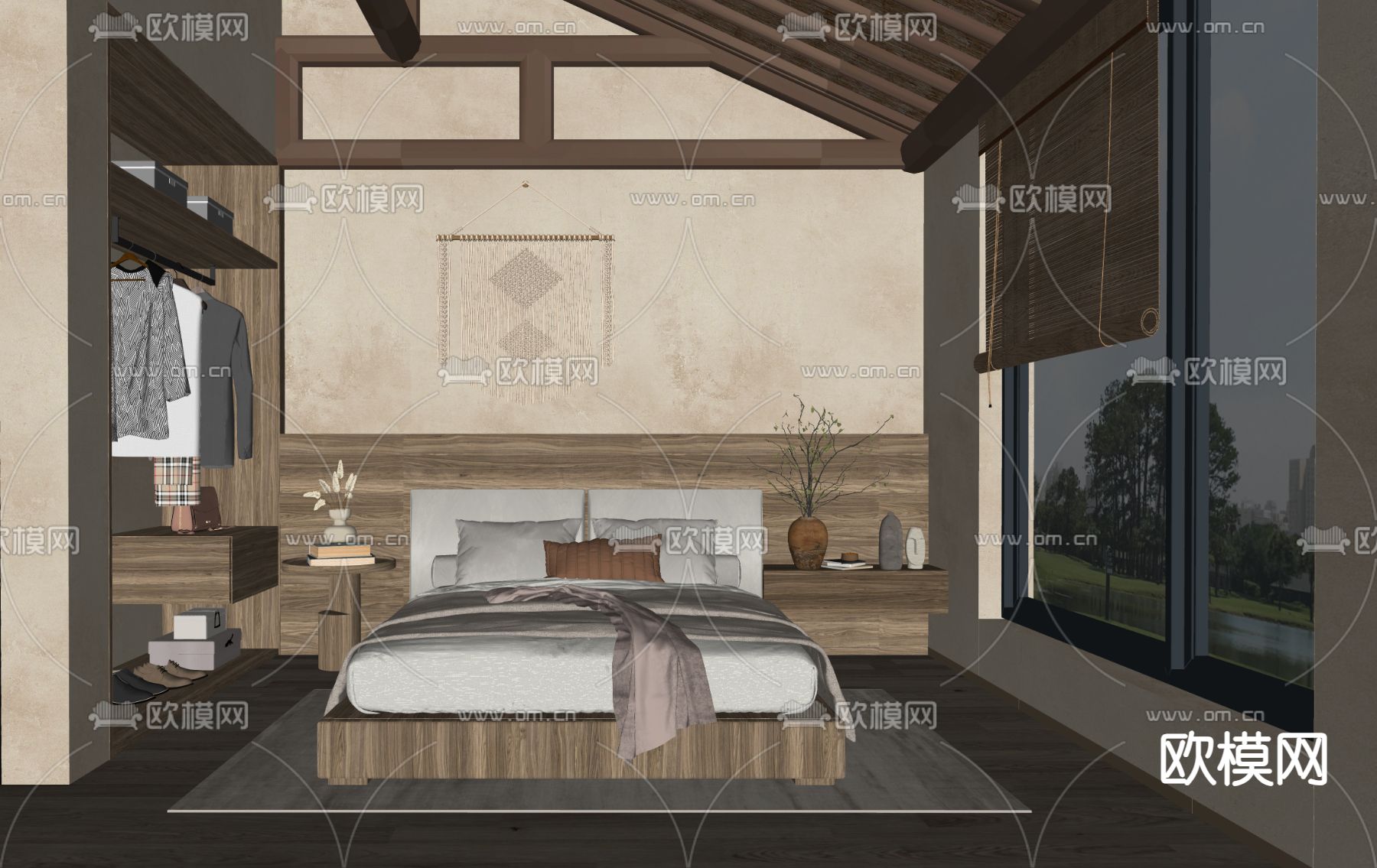 中古风民宿客房su模型下载（渲染图2）