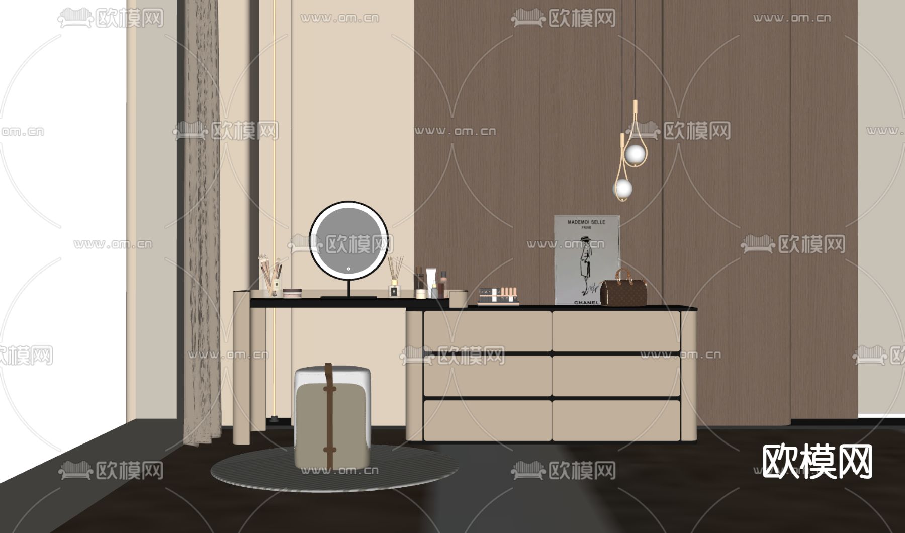 现代梳妆台 化妆桌su模型下载（渲染图2）