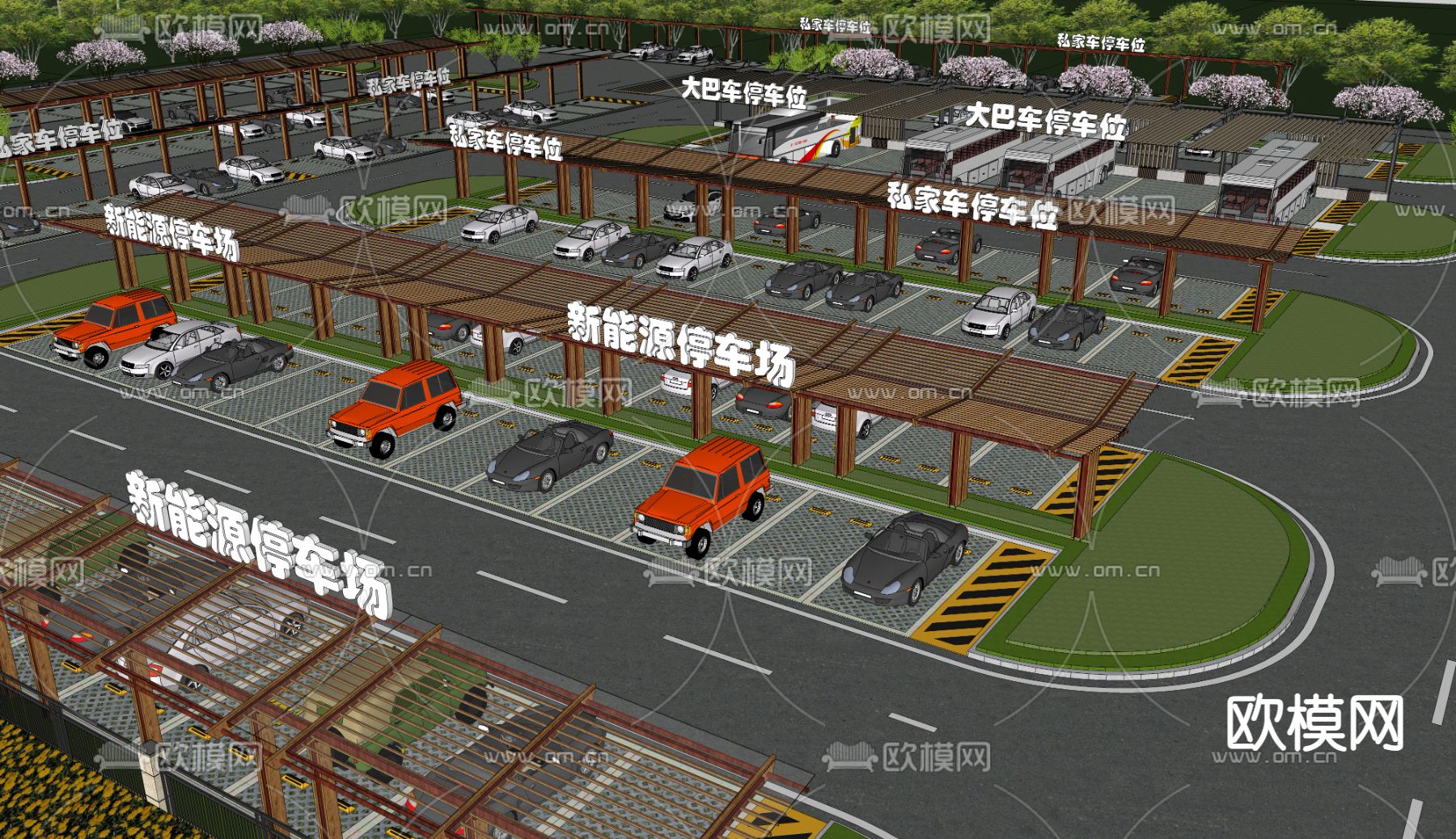 户外停车场 生态停车场su模型下载（渲染图3）
