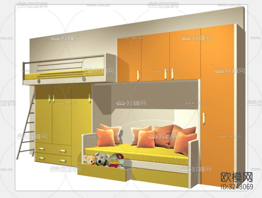 儿童房书桌、衣柜、双层床、单人床全屋定制CAD图库下载（渲染图1）