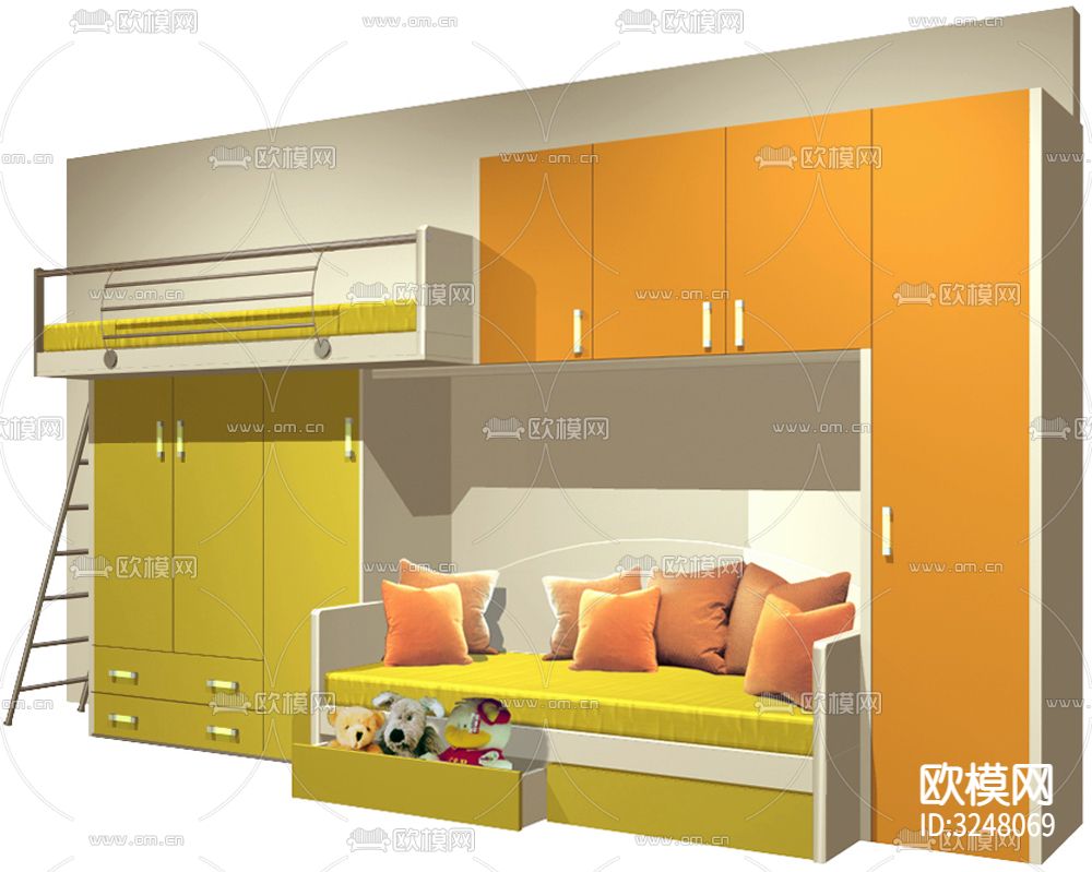 儿童房书桌、衣柜、双层床、单人床全屋定制CAD图库下载（渲染图3）