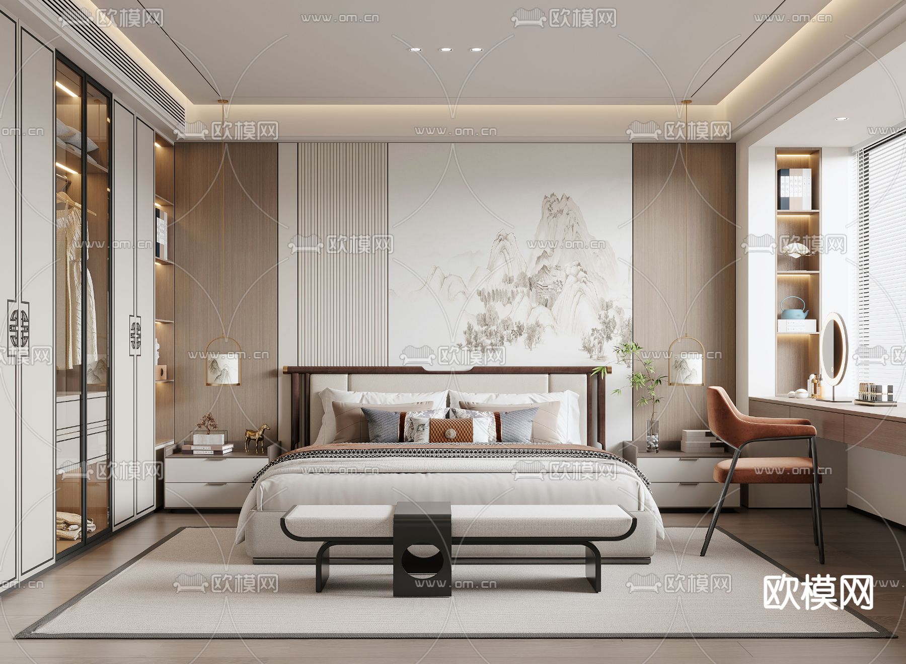 新中式主卧 卧室3d模型下载