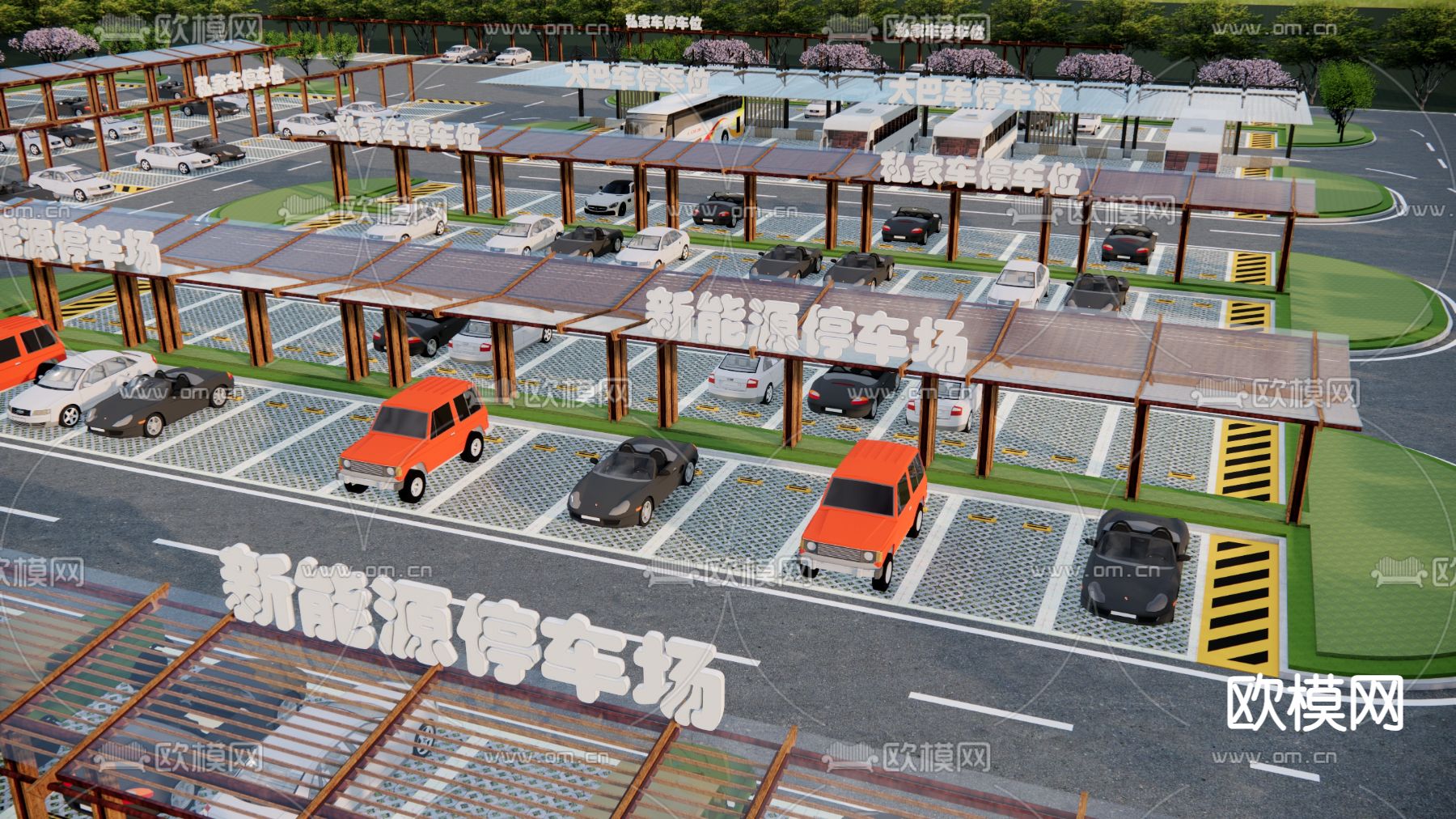 户外停车场 生态停车场su模型下载（渲染图2）