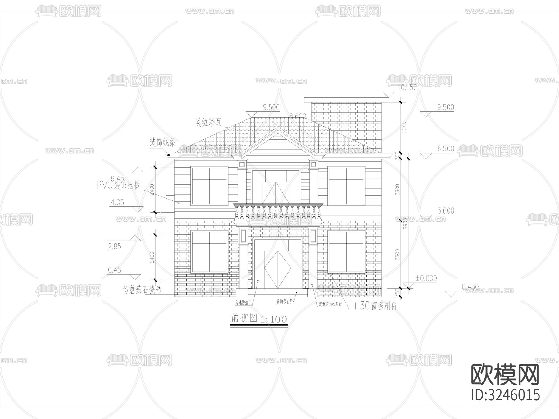 农村自建房 独栋别墅cad立面图下载（渲染图1）