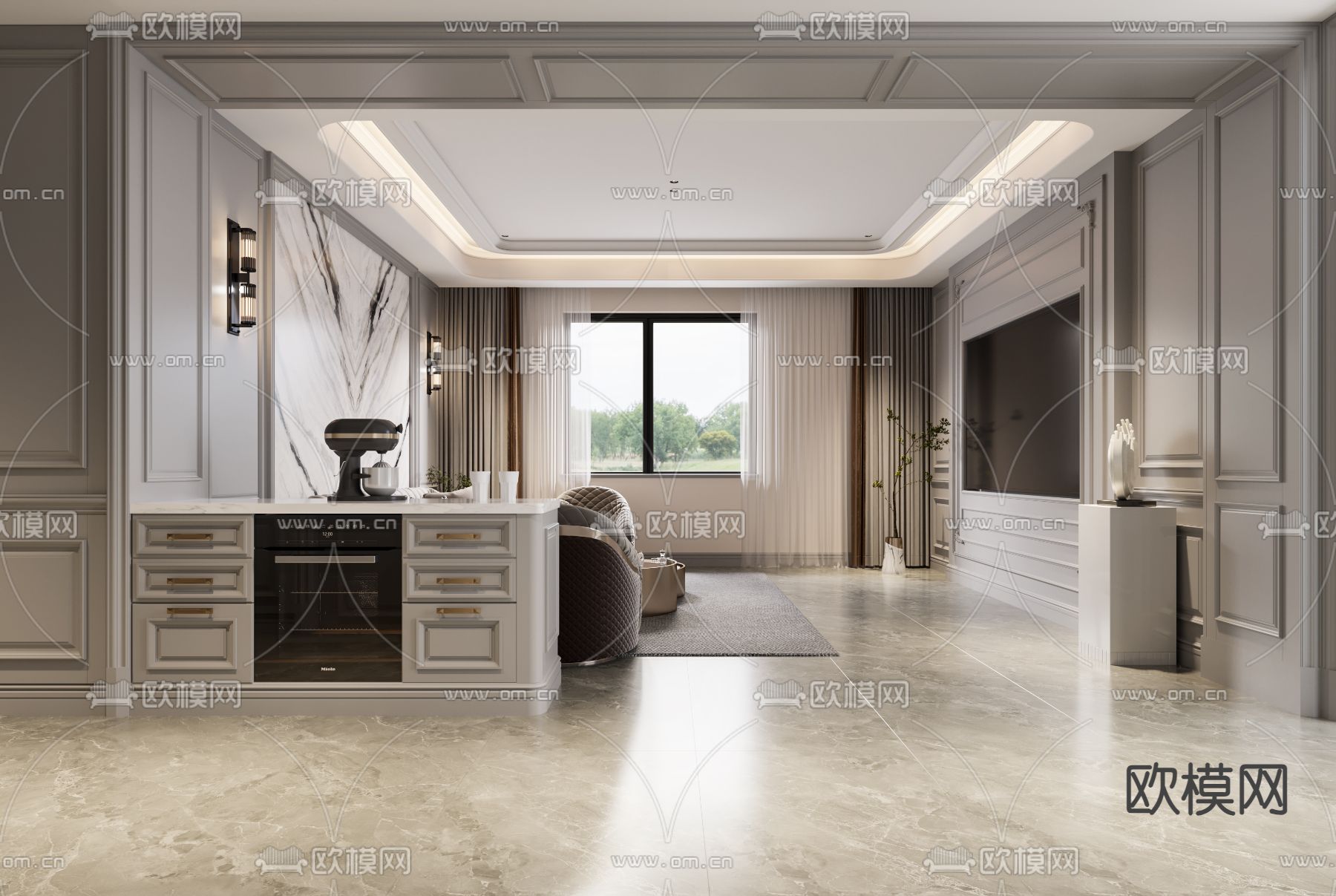 美式客厅3d模型下载（渲染图2）